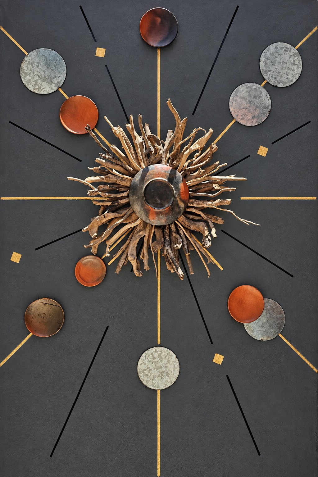 Driftwood sunburst wall piece with metal discs