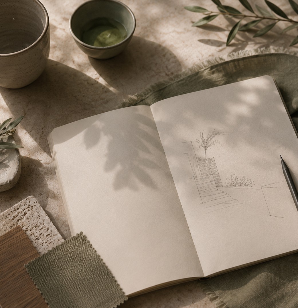 Table with EASE notebook, sketches, and material samples